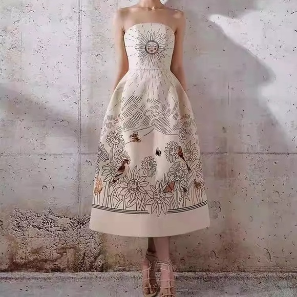 Solairè Runway Sexy Strapless Print Midi Dress, Boho Resortwear Luxury Gown - Picture 5 of 14